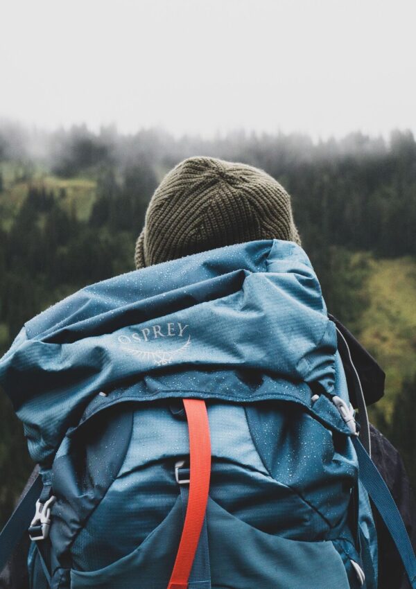 a girl staring off into nature wearing a backpack that represents learning lessons about minimalism on the backpacking trail