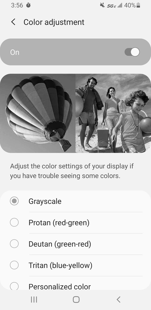 a screenshot of the process to activate grayscale mode on an android device