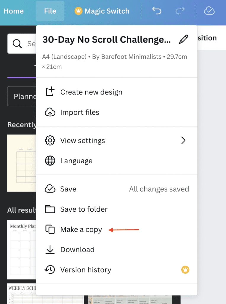 A screenshot with directions for how to download the 30-Day No Scroll Challenge template